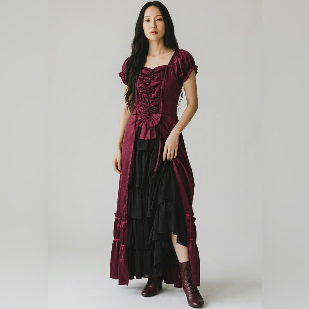 Burgundy and Black Ruched Lace-Up Victorian Gothic Queen Theater Dress